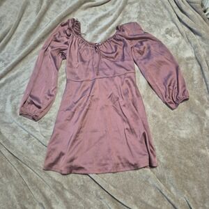 Hollister Mauve Satin Milkmaid Mini Dress Long Sleeve Smocked Back Large